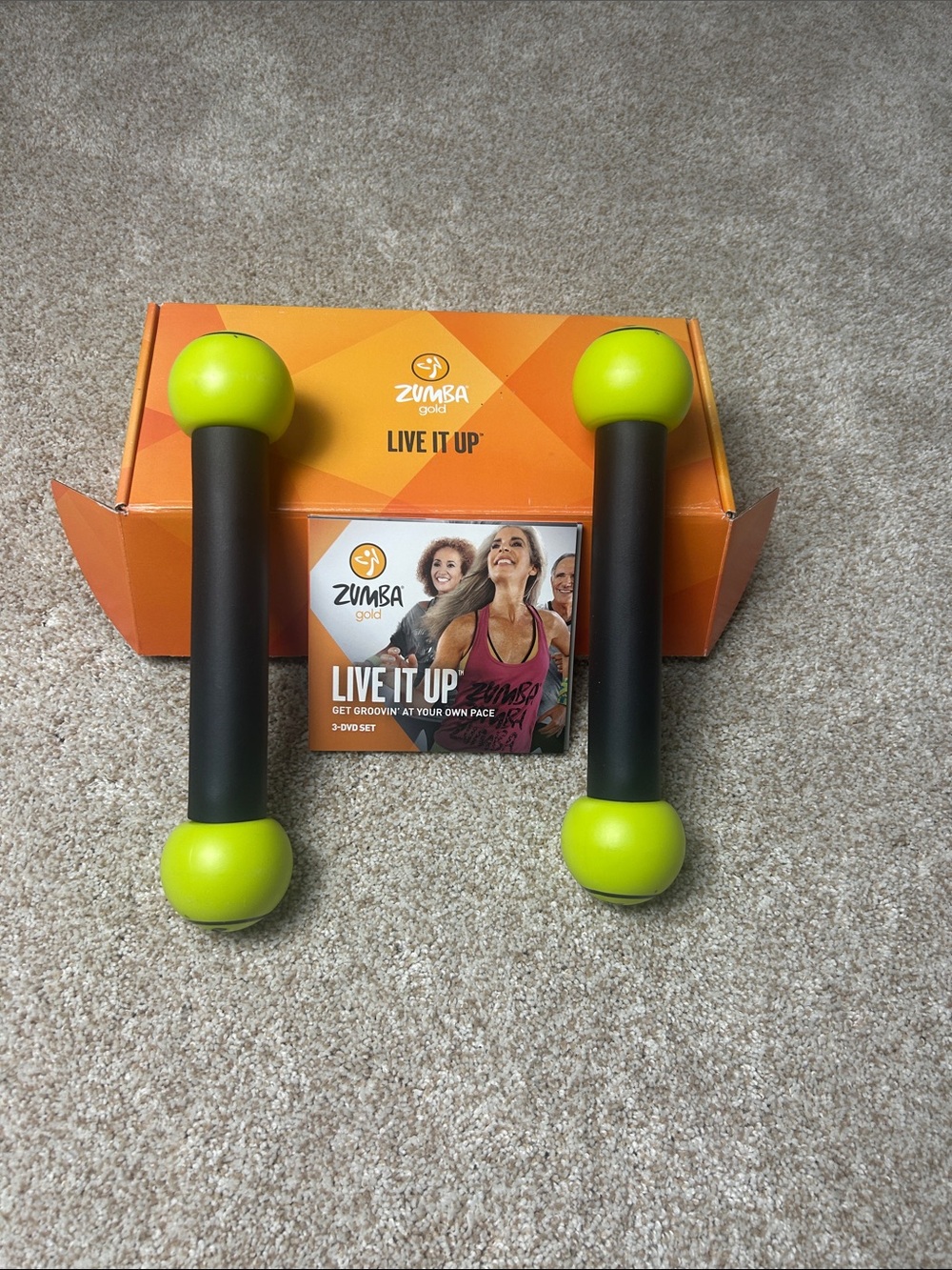 Zumba Fitness Lime Green and Black Hand Weights with 3 Live It Up DVDs